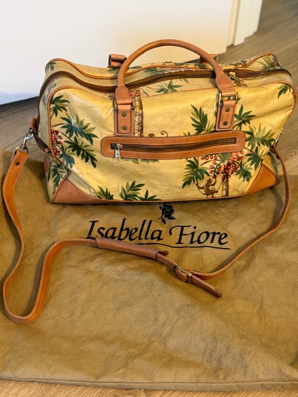 Vintage Isabella Fiore Tan Canvas Weekender with Beaded Monkey & Palm Print EUC